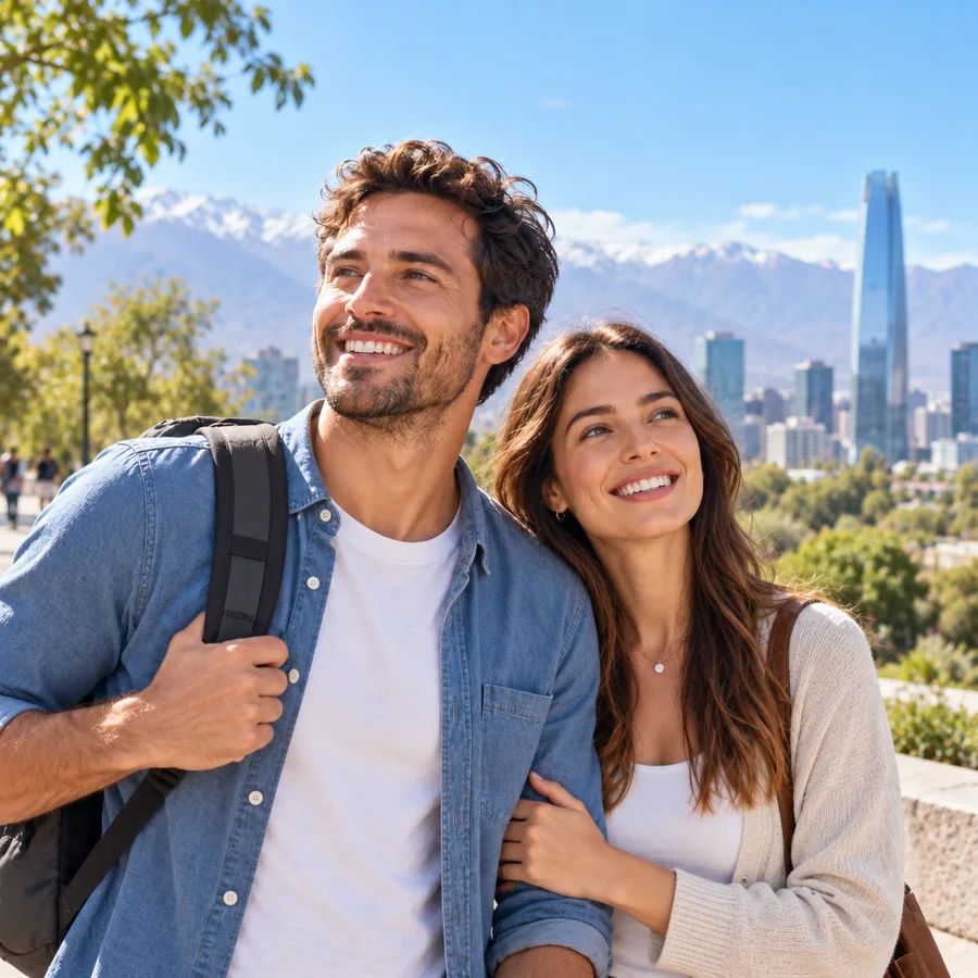 Pareja mirando la ciudad y la cordillera