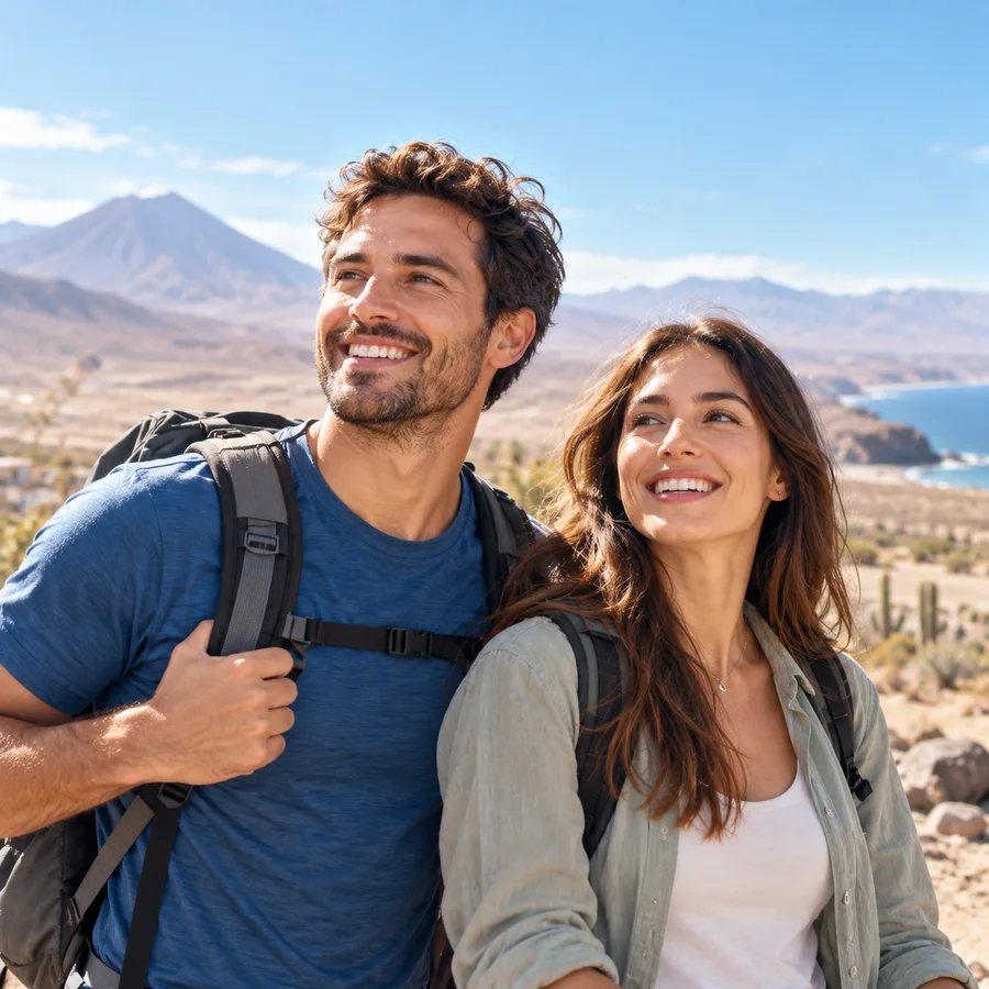 Pareja sonriendo en un paisaje del norte de Chile
