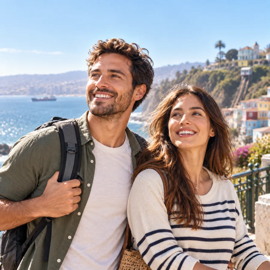 Pareja sonriendo frente a la costa
