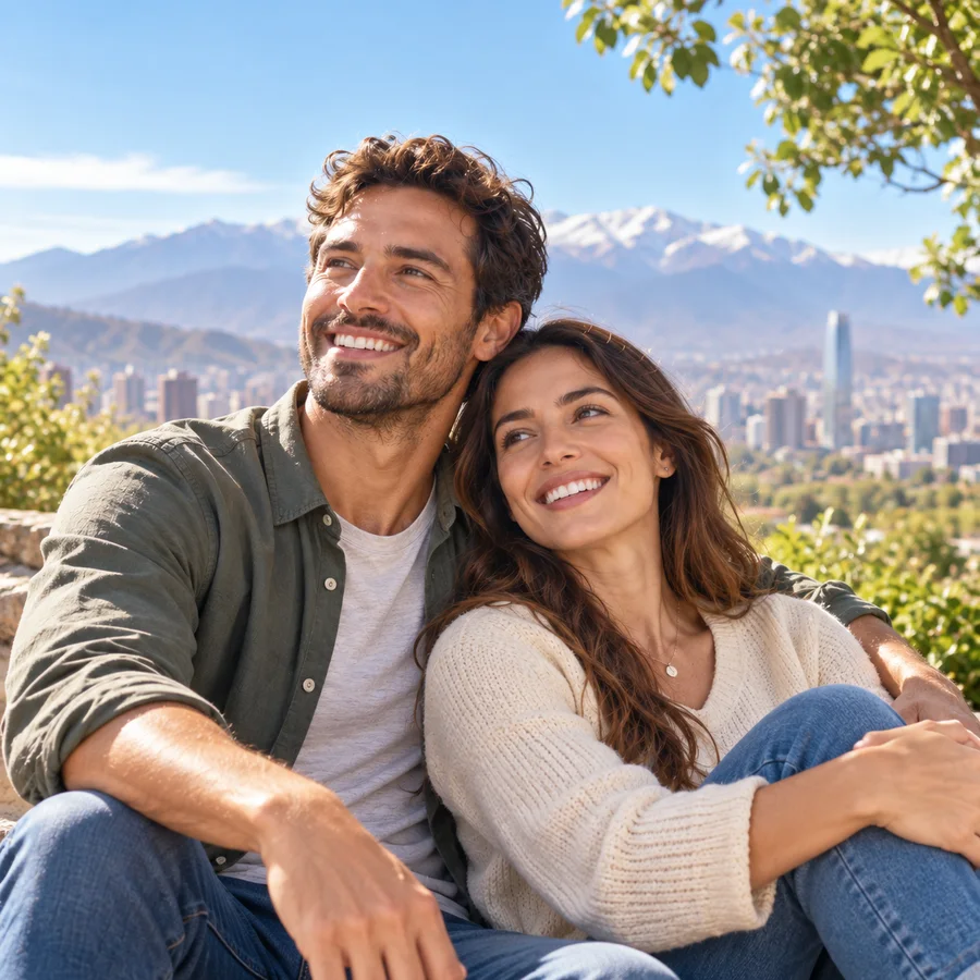 Pareja con vista urbana y montañas