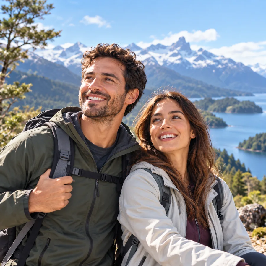 Pareja con paisaje lacustre del sur